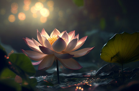 Beautiful lotus flower or water lily and leaves in a pond with sunlight and sunshine in the morning, generative aiの素材