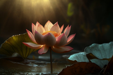 Beautiful lotus flower or water lily and leaves in a pond with sunlight and sunshine in the morning, generative aiの素材
