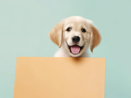 a cute happy golden retriever puppy with blank whiteboard on isolated pastel color background, playful and adorable pet, generative aiの素材