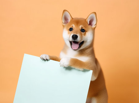 a cute happy shiba inu puppy with blank whiteboard on isolated pastel color background, playful and adorable pet, generative aiの素材