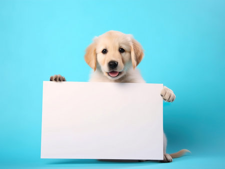 a cute happy golden retriever puppy with blank whiteboard on isolated pastel color background, playful and adorable pet, generative aiの素材