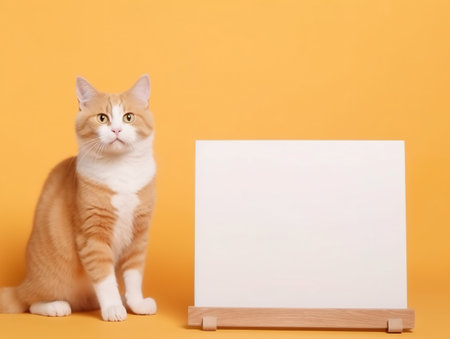 a cute tabby orange cat with blank whiteboard on isolated orange color background, playful and adorable pet, generative aiの素材