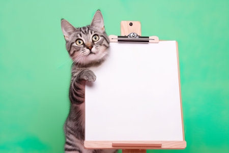 a cute tabby cat holding with blank whiteboard on isolated pastel color background, playful and adorable pet, generative aiの素材