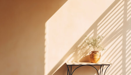 Modern summer minimal of olive tree on table in sunlight with long shadows on beige wall background, copy space interior lifestyle Mediterranean scene, generative aiの素材