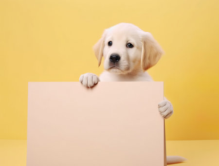 A cute golden retriever puppy with blank board on isolated yellow color background, playful and adorable pet, generative aiの素材