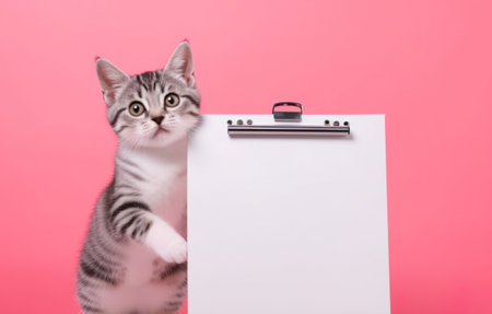 A cute cat with blank whiteboard on isolated pink pastel background, playful and adorable pet, generative aiの素材