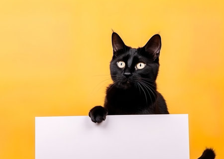 A cute black cat holding blank whiteboard on isolated yellow color background, playful and adorable pet, generative aiの素材