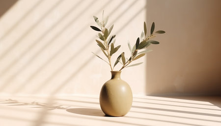 Modern summer minimal of olive tree branch in sunlight with long shadows on beige wall background, copy space interior lifestyle Mediterranean scene, generative aiの素材