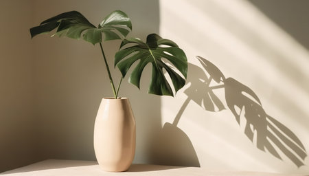Modern summer minimal of monstera plant branch in sunlight with long shadows on beige wall background, copy space interior lifestyle Mediterranean scene, generative aiの素材