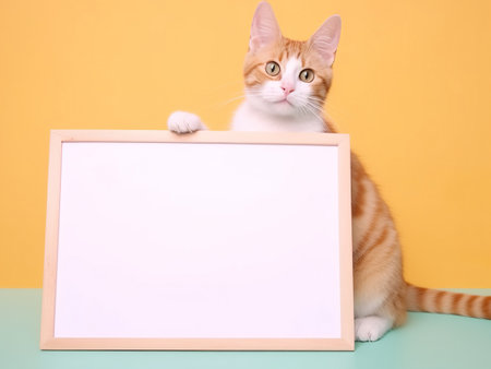 A cute tabby orange cat with blank whiteboard on isolated pastel background, playful and adorable pet, generative aiの素材