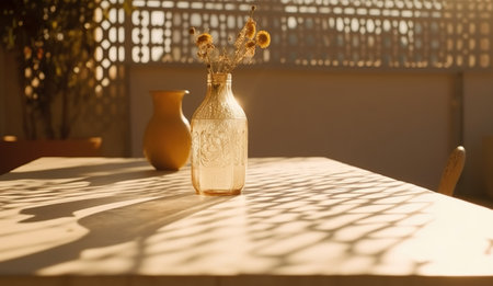 Modern still life interior lifestyle Mediterranean in summer scene, flower plant on table with light and shadow in dining room, generative aiの素材