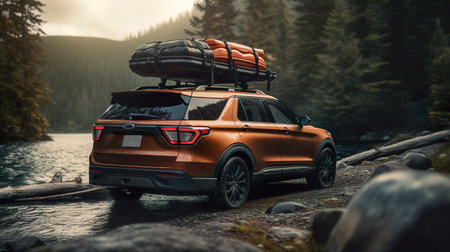 SUV car with luggages on roof rak for summer traveling with a forest road background, off road vehicle for vacation, generative aiの素材
