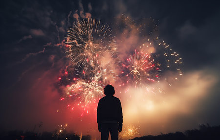Young man standing in the park and watching the fireworks, celebration eventの素材