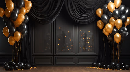 Celebrate event with black curtain and golden balloons background, happy new year and partyの素材