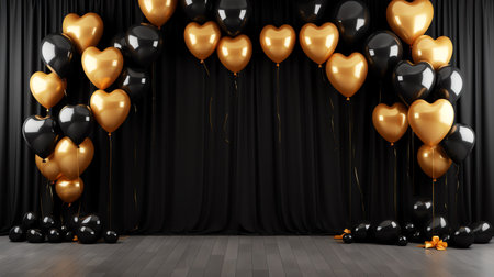 Celebrate event with black curtain and golden balloons background, happy new year and partyの素材