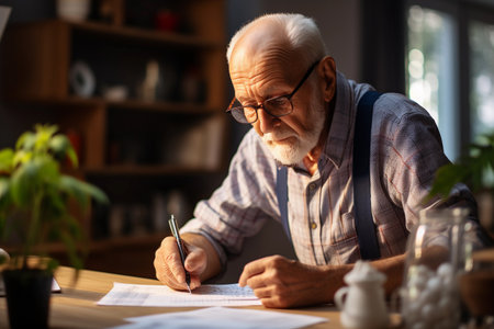 A pensioner senior man managing account finance, planning pension paymentの素材