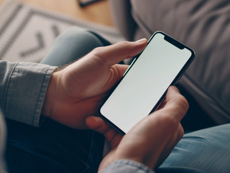 Young man hands holding smartphone mockup white blank display, empty screen for social media app at homeの素材