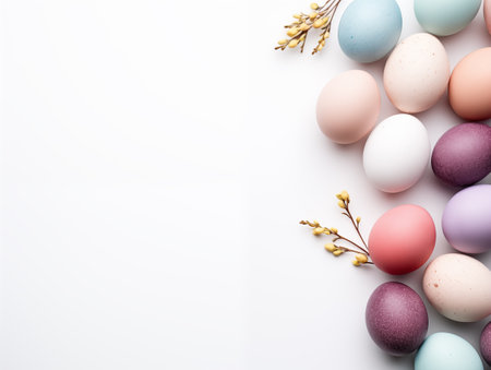Happy easter eggs pastel color with flowers on white background, copy space for textの素材