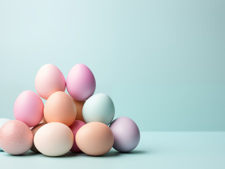 Happy easter eggs pastel color on blue background, copy space for textの素材