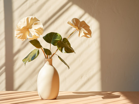 Modern summer minimal of plant in sunlight with long shadows on beige wall background, interior Mediterranean sceneの素材