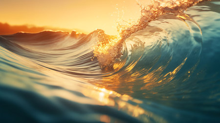 Close up inside of abstract wave breaking in the sunset or sunrise background natural lightの素材