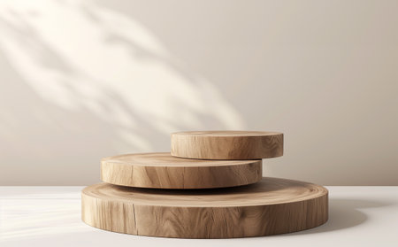 Rustic wood pieces podium mockup on beige background with shadow for perfume, jewellery and cosmetic products in front viewの素材