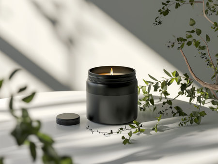 Black matte aroma organic candle jar ceremic mockup with blank label for branding, minimal design packagingの素材