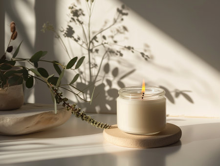 Organic white aroma candle jar glass mockup with blank label for branding, minimal design packagingの素材