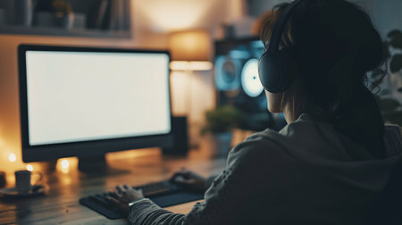 Over shoulder shot of a young woman using computer in front of an blank white computer screen in homeの素材