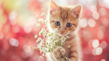 Cute cat holding bouquet of flowers and give for surprise in valentines day or holiday gift, love and romantic conceptの素材