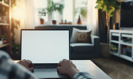 Over shoulder shot of a young man using computer laptop in front of an blank white computer screen in homeの素材