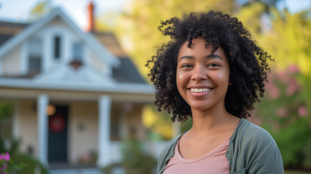 Proud home owner woman feeling happy standing in front of her new home, moving in and real estate conceptの素材