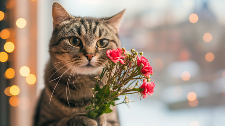 Cute cat holding bouquet of flowers and give for surprise in valentines day or holiday gift, love and romantic conceptの素材