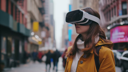 Young woman wearing headset VR virtual reality glasses in the city street, immersive technologyの素材