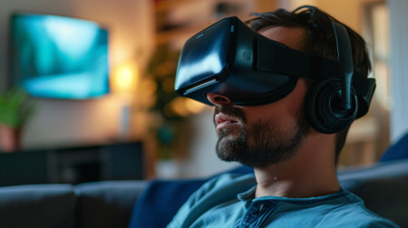 Young man wearing headset VR virtual reality glasses, immersive technologyの素材