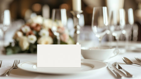 Table place setting blank menu card mockup or reserve in wedding invite and special eventの素材
