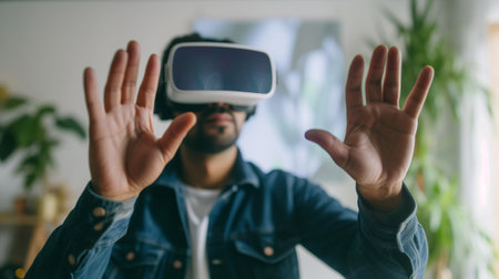 Young man wearing headset VR virtual reality glasses, immersive technologyの素材