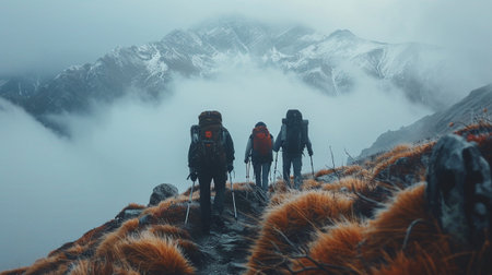 A group of friends hiking together in the mountainsの素材