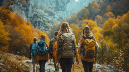 A group of friends hiking together in the mountainsの素材
