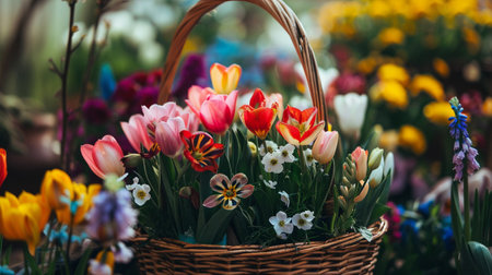 A close up shot of colorful spring flowers arranged in a basket symbolizing the beauty of the seasonの素材
