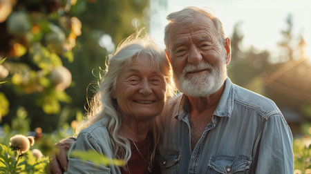A senior couple staying active by gardening togetherの素材