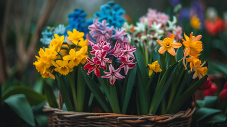 A close up shot of colorful spring flowers arranged in a basket symbolizing the beauty of the seasonの素材