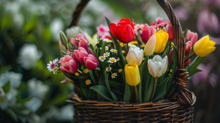 A close up shot of colorful spring flowers arranged in a basket symbolizing the beauty of the seasonの素材