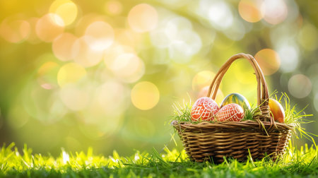 Easter basket filled with colorful eggs and flowers on the green grass with spring garden background, happy easterの素材