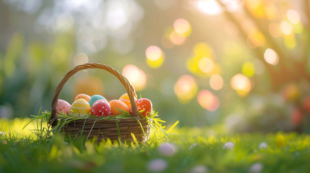 Easter basket filled with colorful eggs and flowers on the green grass with spring garden background, happy easterの素材