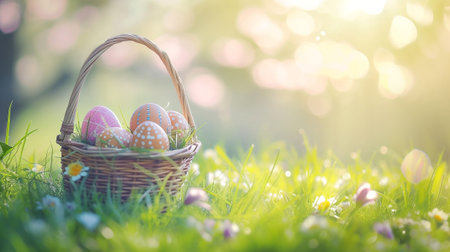 Easter basket filled with colorful eggs and flowers on the green grass with spring garden background, happy easterの素材