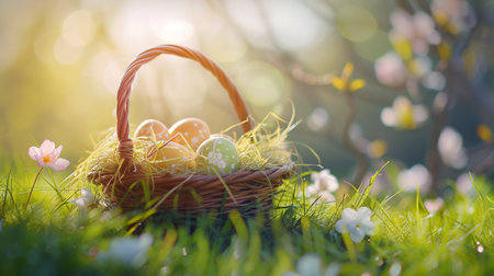 Easter basket filled with colorful eggs and flowers on the green grass with spring garden background, happy easterの素材