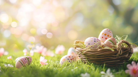 Easter basket filled with colorful eggs and flowers on the green grass with spring garden background, happy easterの素材
