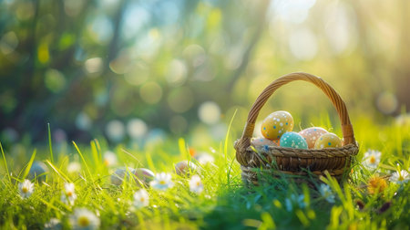 Easter basket filled with colorful eggs and flowers on the green grass with spring garden background, happy easterの素材