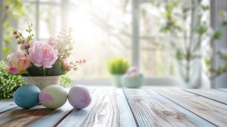 Abstract wooden tabletop with easter eggs and flower, copy space over blurred window interior background, display for product montageの素材